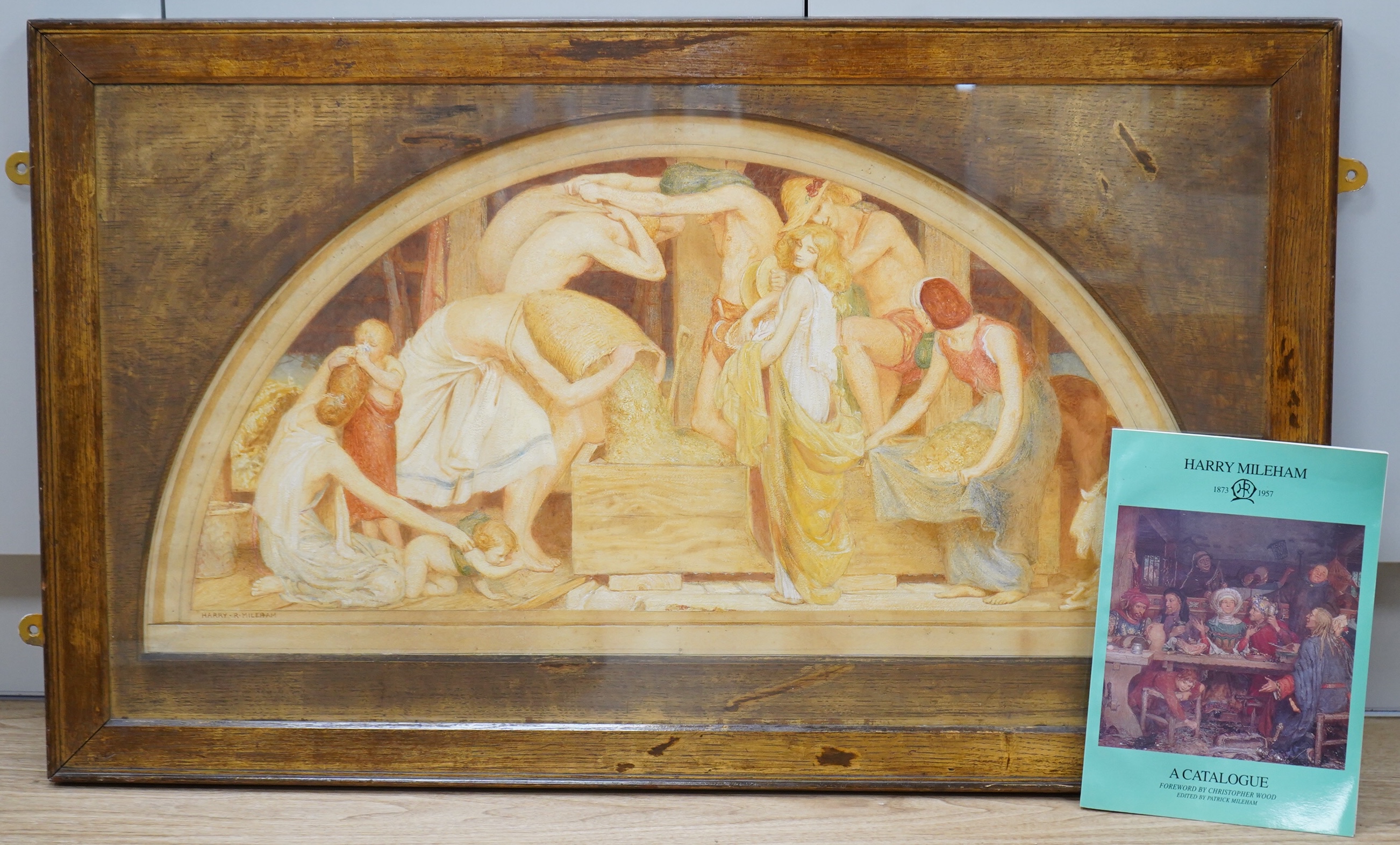 Harry Mileham (1873-1957), 'The Vintage', signed, fan shaped watercolour heightened with white, together with a catalogue of works by the artist, 42 x 84cm